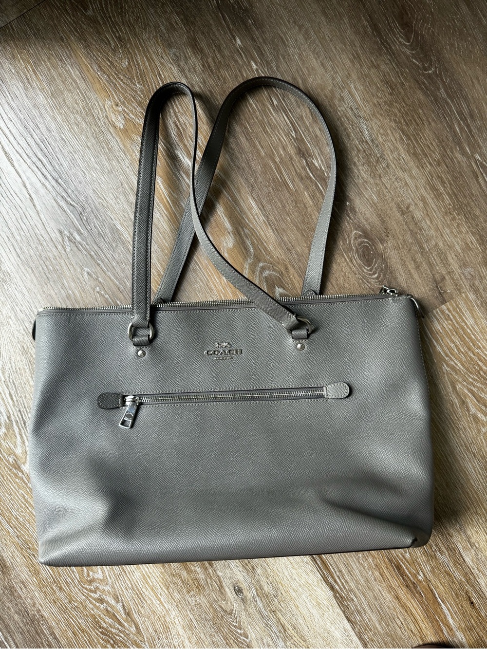 Coach Gray Saffiano Leather Tote with Front Zip Pocket